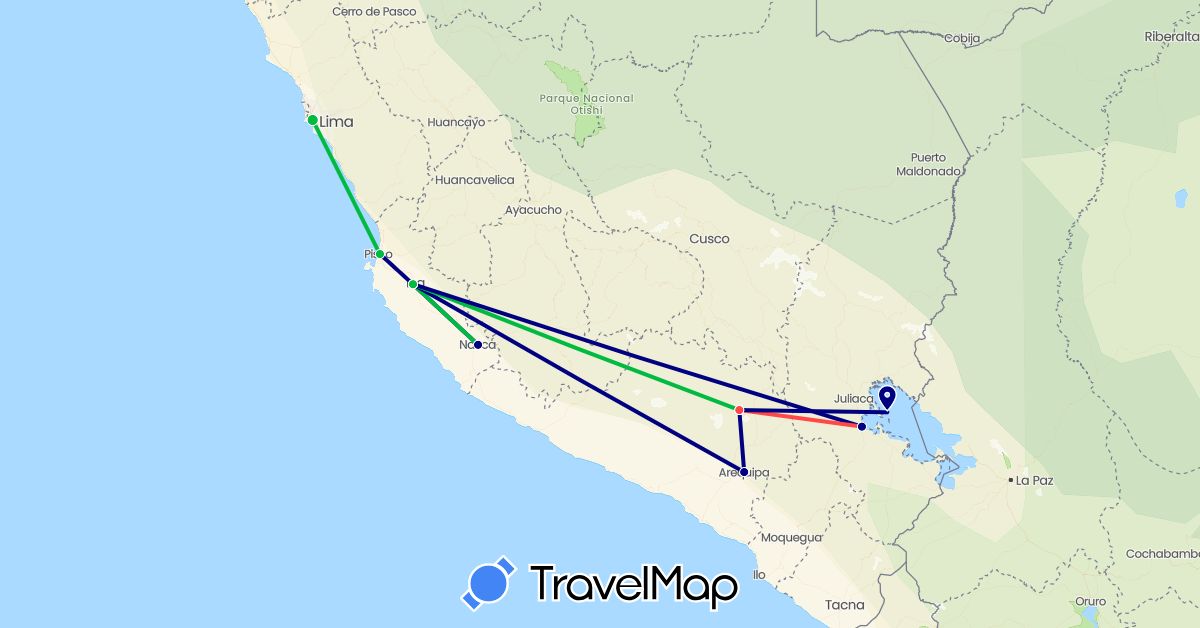 TravelMap itinerary: driving, bus, hiking in Peru (South America)